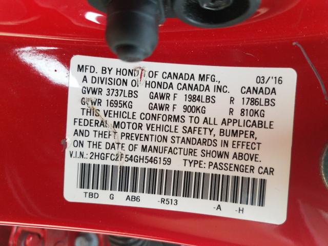 Photo 9 VIN: 2HGFC2F54GH546159 - HONDA CIVIC LX 