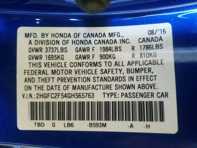 Photo 9 VIN: 2HGFC2F54GH565763 - HONDA CIVIC LX 