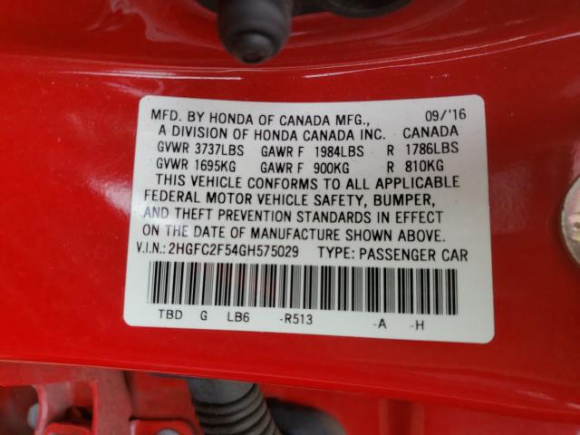 Photo 9 VIN: 2HGFC2F54GH575029 - HONDA CIVIC LX 