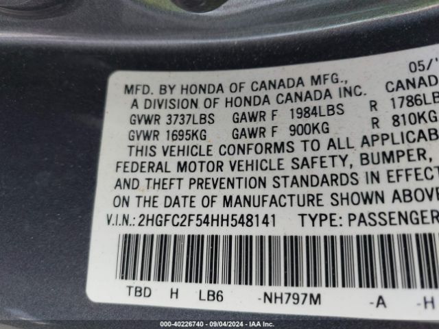 Photo 8 VIN: 2HGFC2F54HH548141 - HONDA CIVIC 