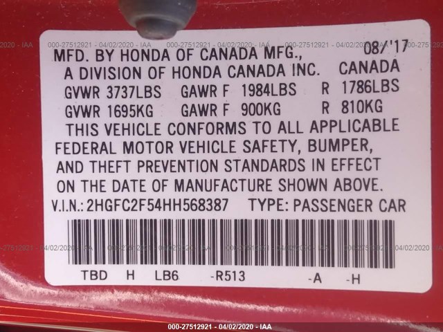 Photo 8 VIN: 2HGFC2F54HH568387 - HONDA CIVIC SEDAN 