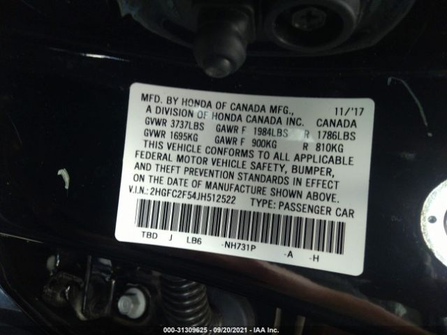 Photo 8 VIN: 2HGFC2F54JH512522 - HONDA CIVIC SEDAN 