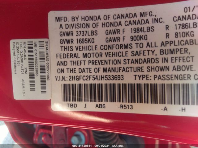 Photo 8 VIN: 2HGFC2F54JH533693 - HONDA CIVIC SEDAN 