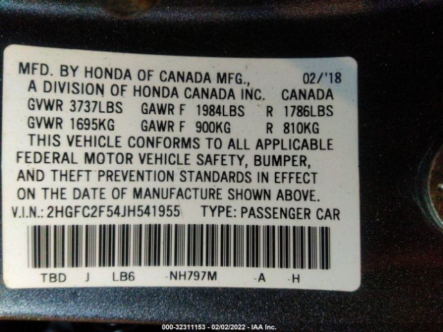 Photo 8 VIN: 2HGFC2F54JH541955 - HONDA CIVIC SEDAN 