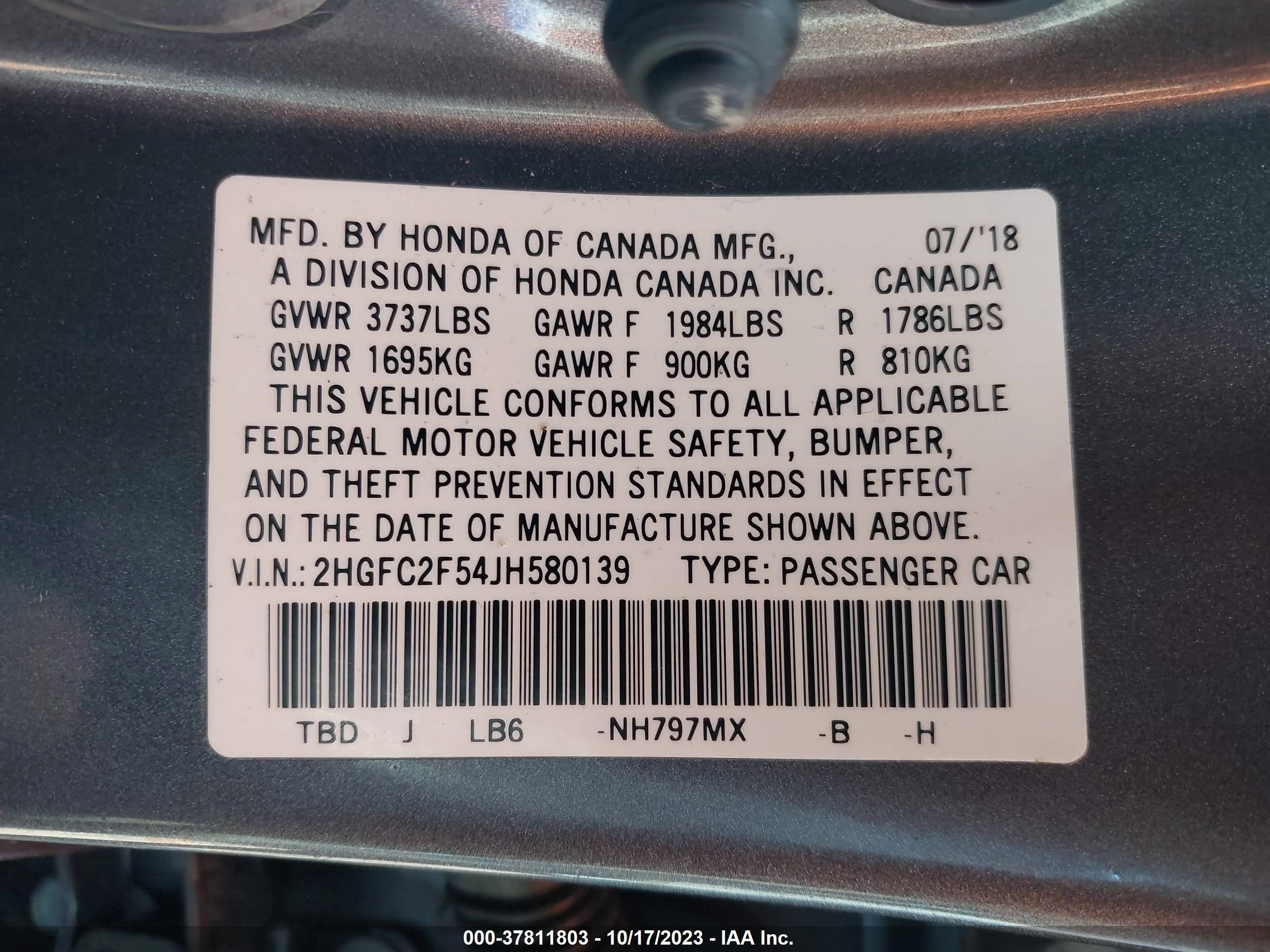 Photo 8 VIN: 2HGFC2F54JH580139 - HONDA CIVIC 