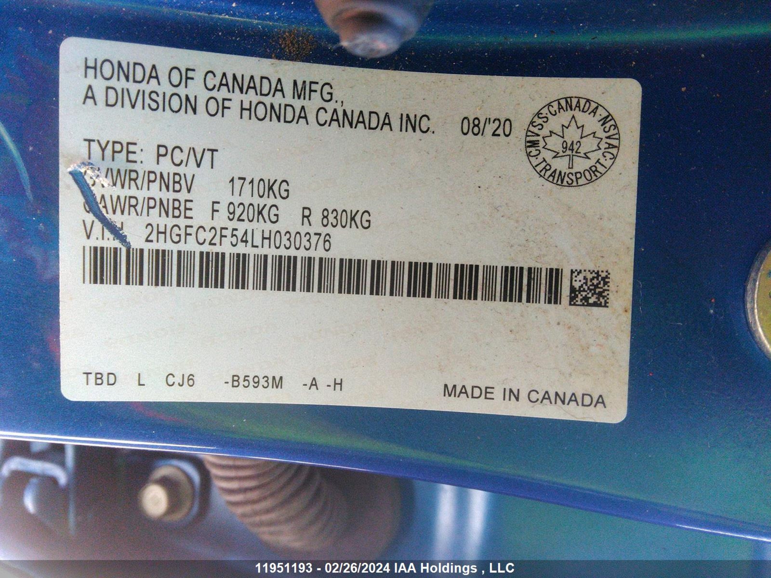 Photo 8 VIN: 2HGFC2F54LH030376 - HONDA CIVIC 