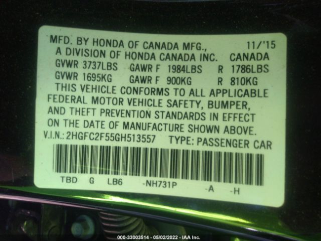 Photo 8 VIN: 2HGFC2F55GH513557 - HONDA CIVIC SEDAN 