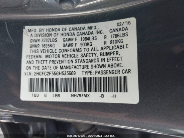 Photo 8 VIN: 2HGFC2F55GH535669 - HONDA CIVIC 