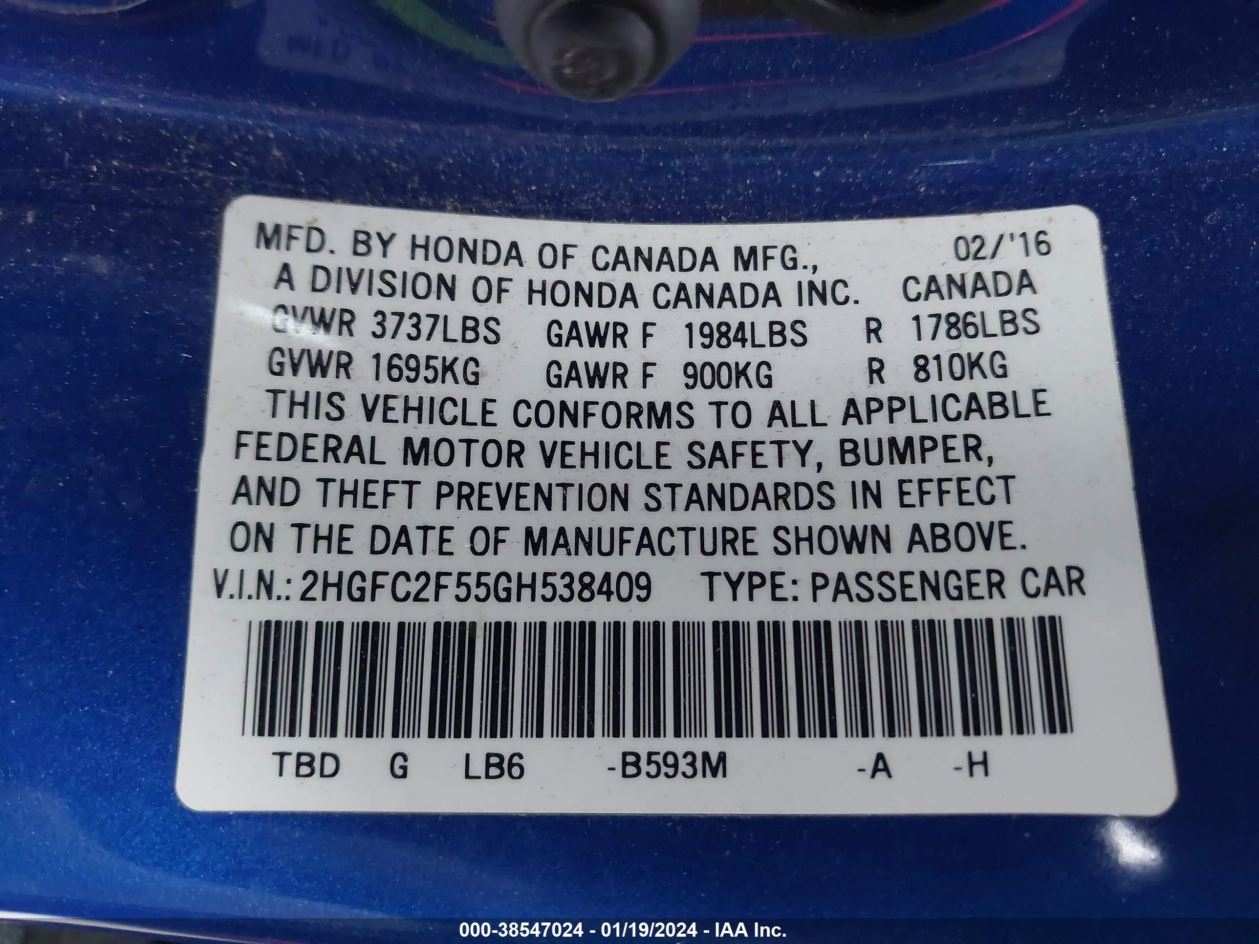 Photo 8 VIN: 2HGFC2F55GH538409 - HONDA CIVIC 