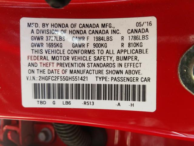 Photo 9 VIN: 2HGFC2F55GH551421 - HONDA CIVIC LX 