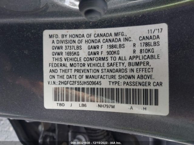 Photo 8 VIN: 2HGFC2F55JH509645 - HONDA CIVIC LX 