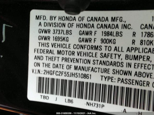 Photo 8 VIN: 2HGFC2F55JH510861 - HONDA CIVIC SEDAN 