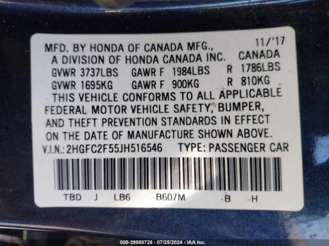 Photo 8 VIN: 2HGFC2F55JH516546 - HONDA CIVIC 