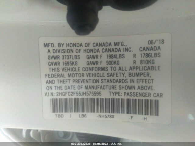 Photo 8 VIN: 2HGFC2F55JH575595 - HONDA CIVIC SEDAN 