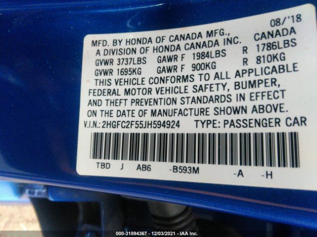 Photo 8 VIN: 2HGFC2F55JH594924 - HONDA CIVIC SEDAN 