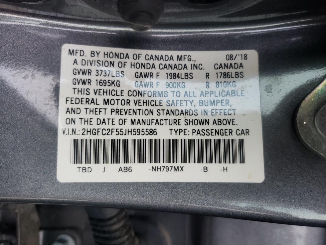 Photo 9 VIN: 2HGFC2F55JH595586 - HONDA CIVIC LX 