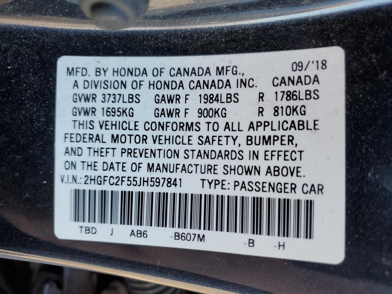 Photo 11 VIN: 2HGFC2F55JH597841 - HONDA CIVIC 