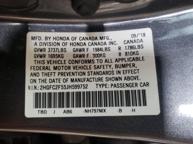 Photo 9 VIN: 2HGFC2F55JH599752 - HONDA CIVIC LX 