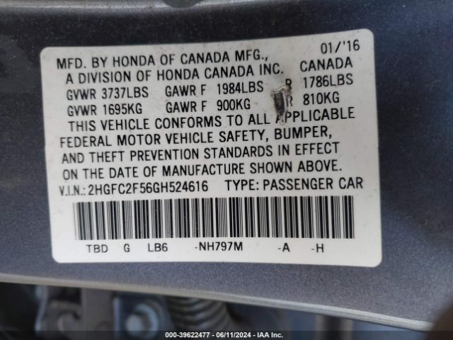 Photo 8 VIN: 2HGFC2F56GH524616 - HONDA CIVIC 