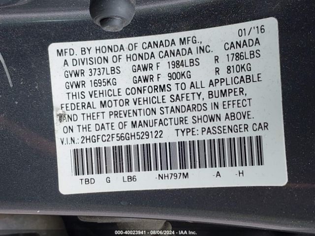 Photo 8 VIN: 2HGFC2F56GH529122 - HONDA CIVIC 