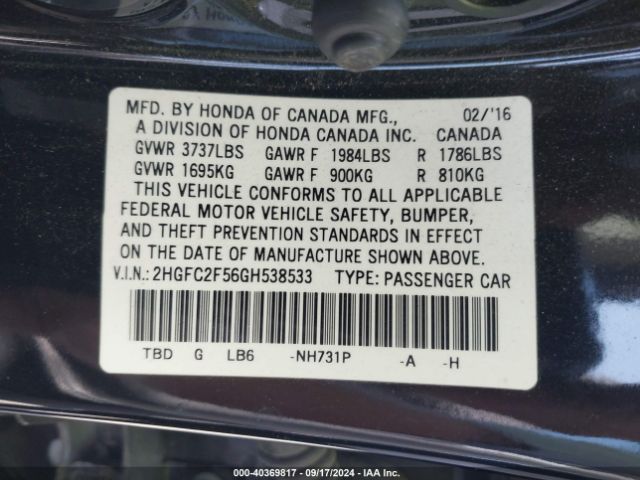 Photo 8 VIN: 2HGFC2F56GH538533 - HONDA CIVIC 