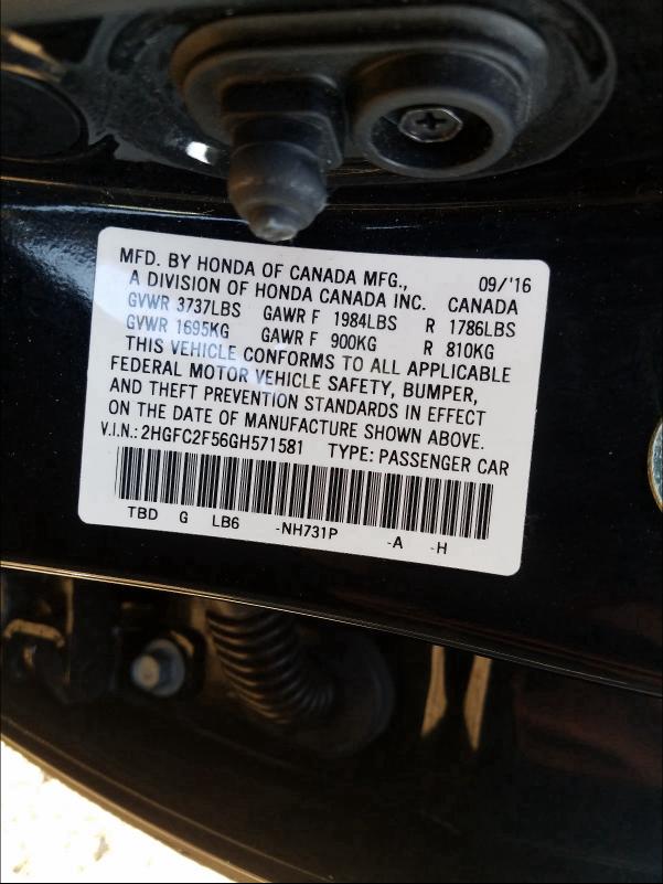 Photo 9 VIN: 2HGFC2F56GH571581 - HONDA CIVIC LX 