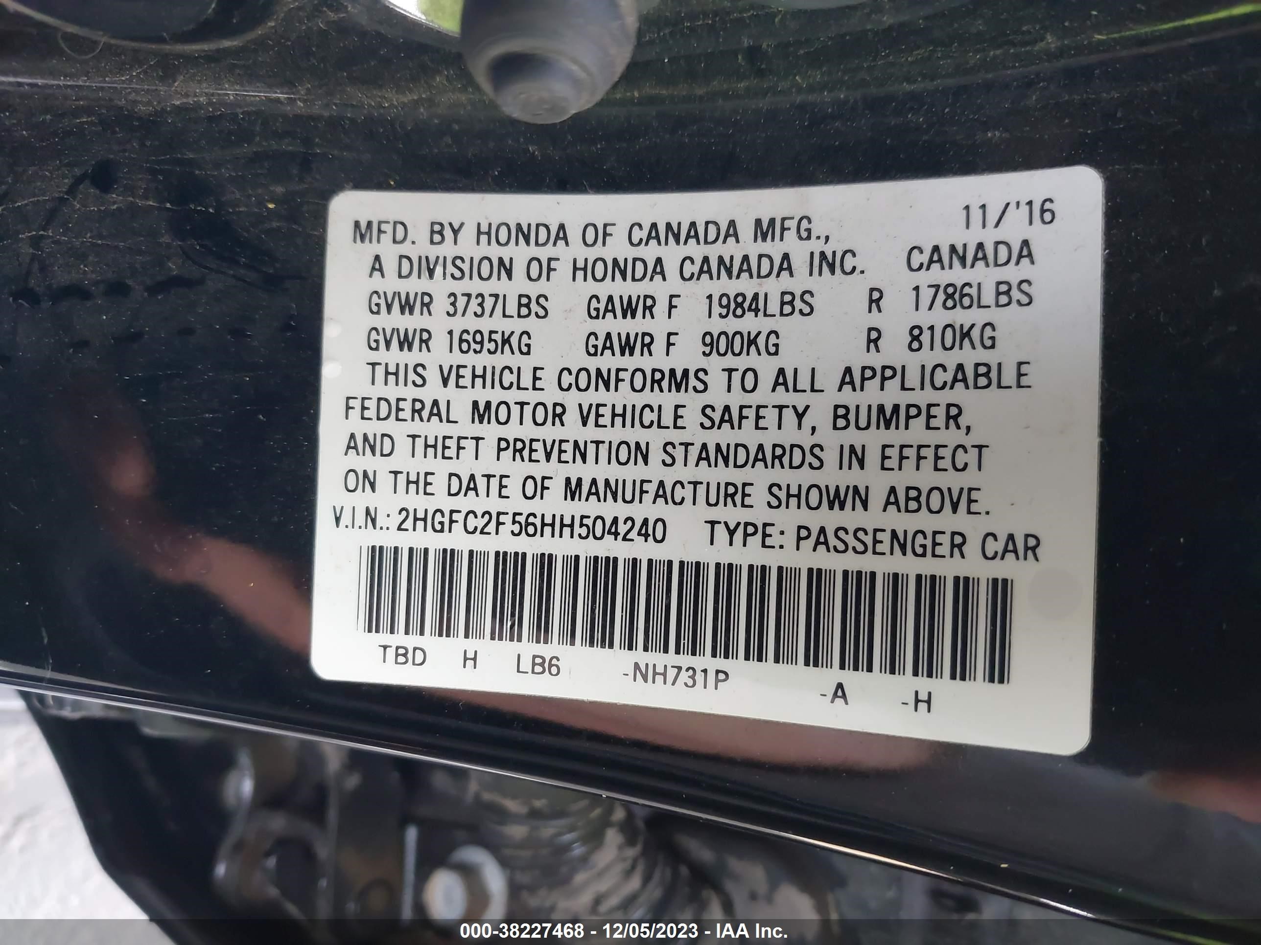 Photo 8 VIN: 2HGFC2F56HH504240 - HONDA CIVIC 