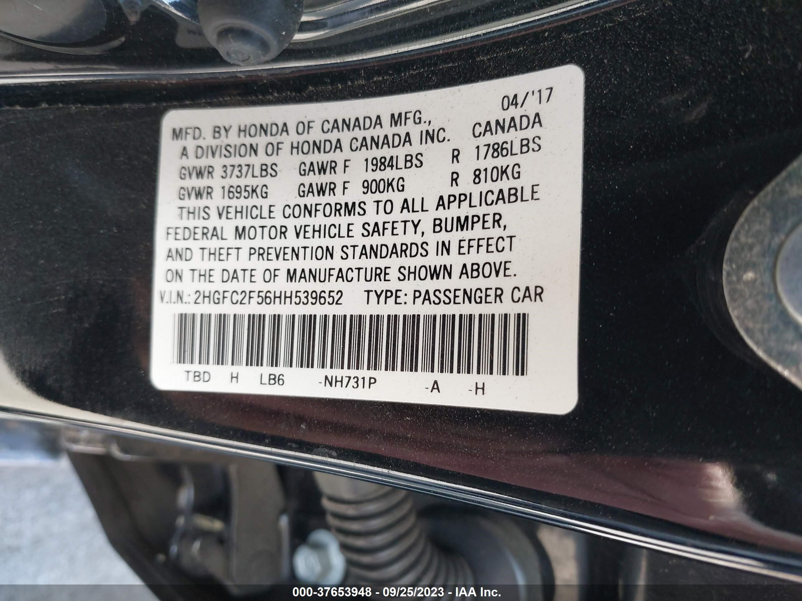 Photo 8 VIN: 2HGFC2F56HH539652 - HONDA CIVIC 