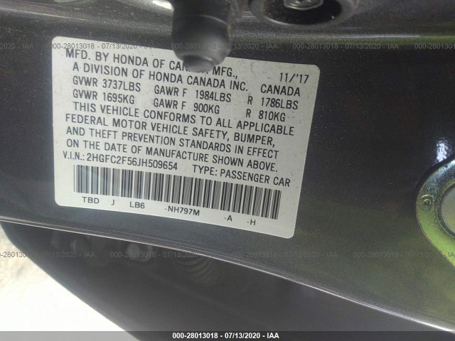 Photo 8 VIN: 2HGFC2F56JH509654 - HONDA CIVIC SEDAN 