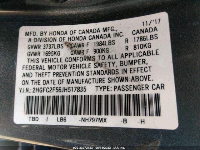 Photo 8 VIN: 2HGFC2F56JH517835 - HONDA CIVIC SEDAN 