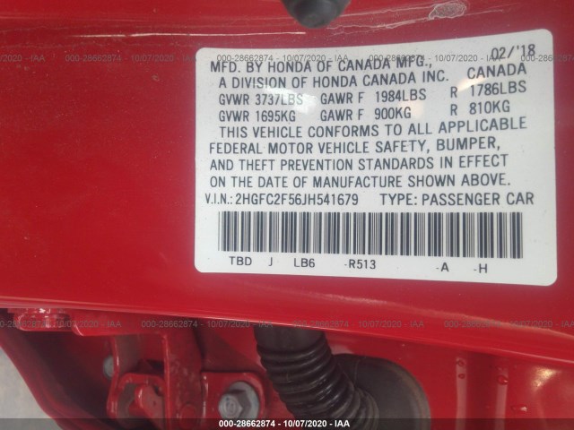 Photo 8 VIN: 2HGFC2F56JH541679 - HONDA CIVIC SEDAN 