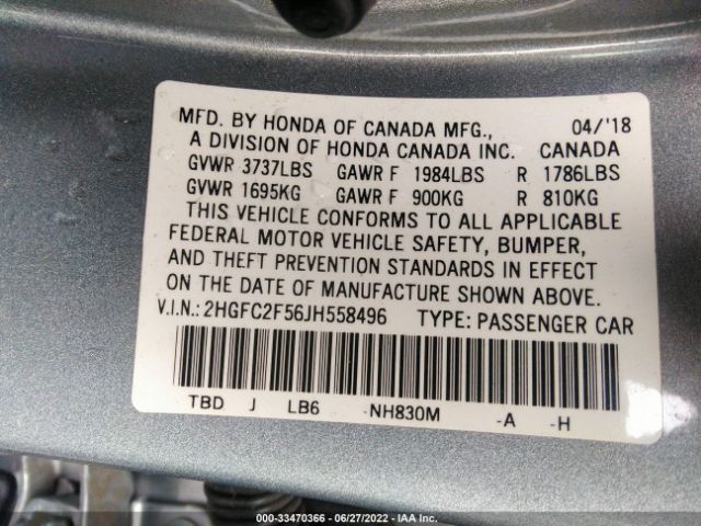 Photo 8 VIN: 2HGFC2F56JH558496 - HONDA CIVIC SEDAN 