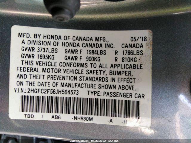 Photo 8 VIN: 2HGFC2F56JH564573 - HONDA CIVIC SEDAN 