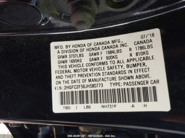 Photo 8 VIN: 2HGFC2F56JH580773 - HONDA CIVIC 