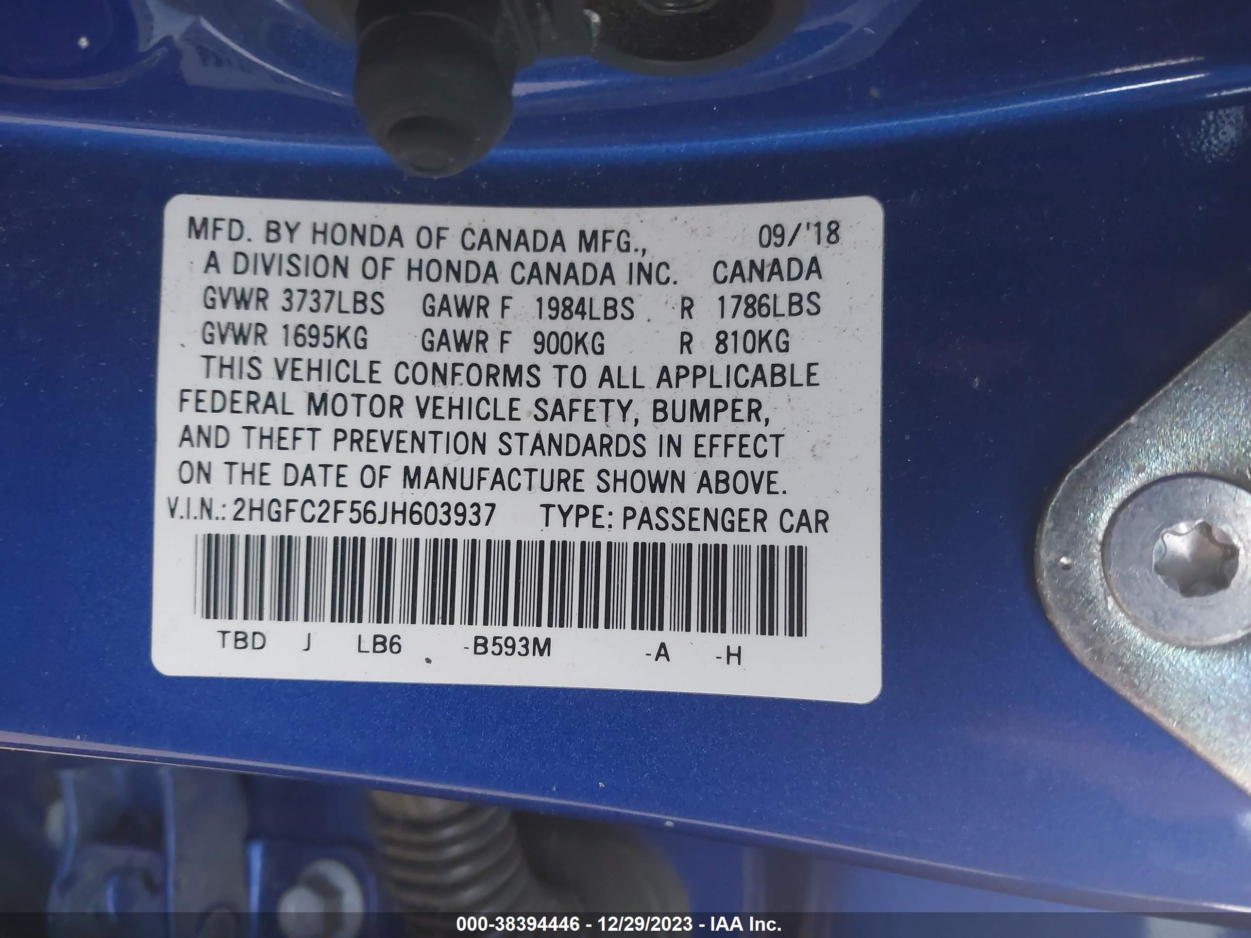 Photo 8 VIN: 2HGFC2F56JH603937 - HONDA CIVIC 