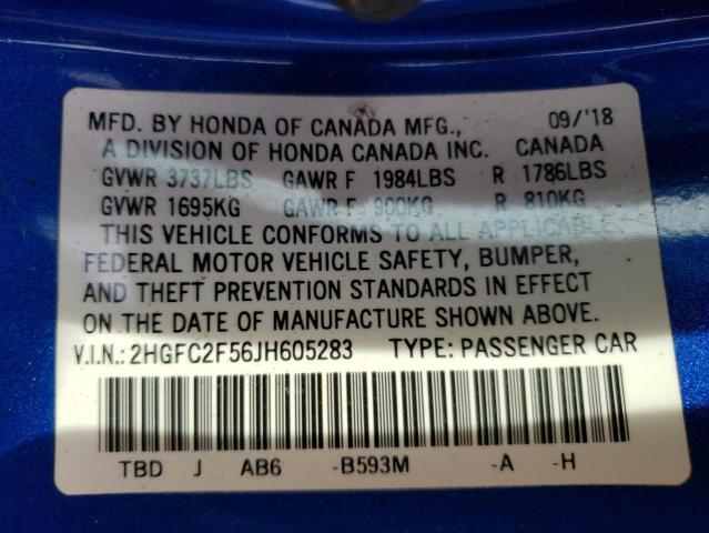 Photo 12 VIN: 2HGFC2F56JH605283 - HONDA CIVIC 