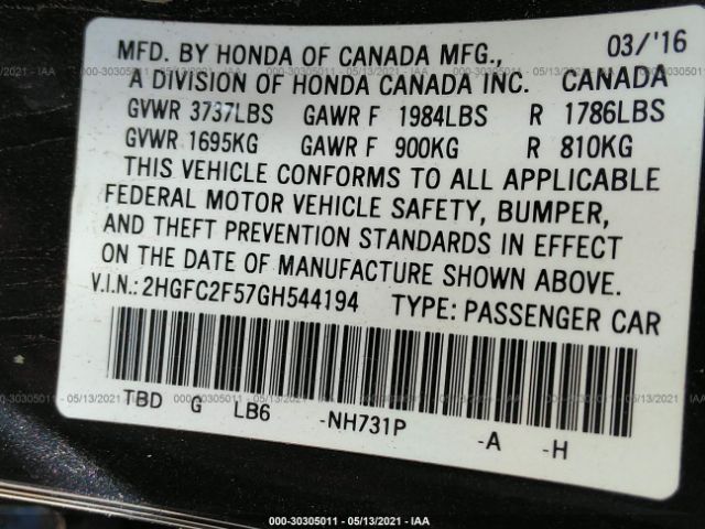 Photo 8 VIN: 2HGFC2F57GH544194 - HONDA CIVIC SEDAN 