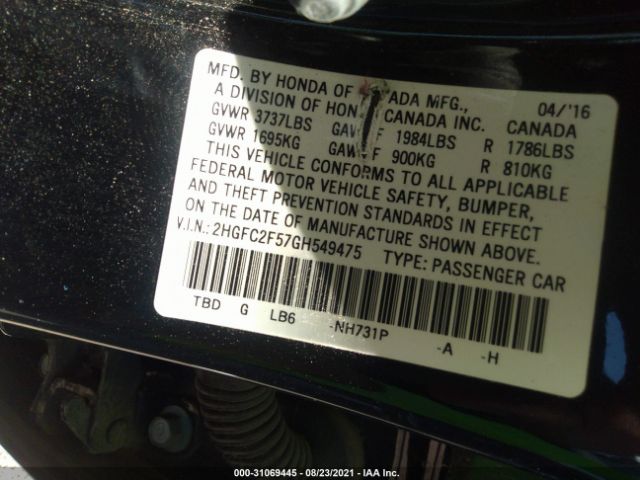 Photo 8 VIN: 2HGFC2F57GH549475 - HONDA CIVIC SEDAN 