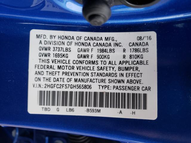 Photo 9 VIN: 2HGFC2F57GH565806 - HONDA CIVIC LX 