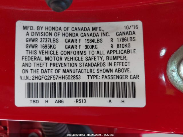 Photo 8 VIN: 2HGFC2F57HH502853 - HONDA CIVIC 