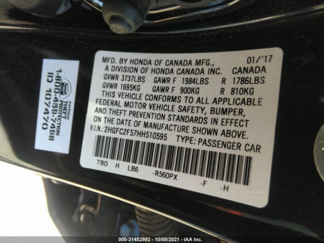 Photo 8 VIN: 2HGFC2F57HH510595 - HONDA CIVIC SEDAN 