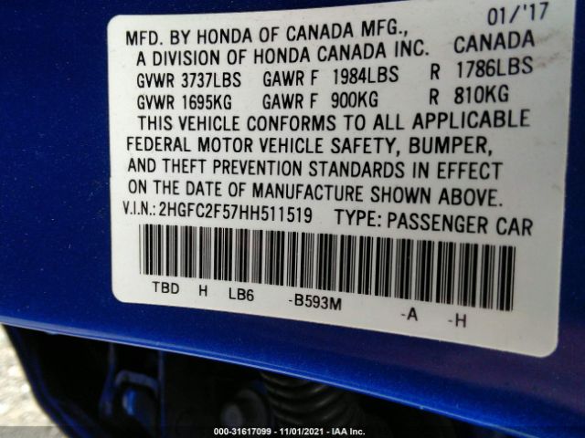 Photo 8 VIN: 2HGFC2F57HH511519 - HONDA CIVIC SEDAN 