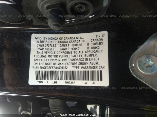 Photo 8 VIN: 2HGFC2F57JH509162 - HONDA CIVIC SEDAN 