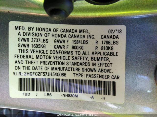 Photo 8 VIN: 2HGFC2F57JH540086 - HONDA CIVIC SEDAN 