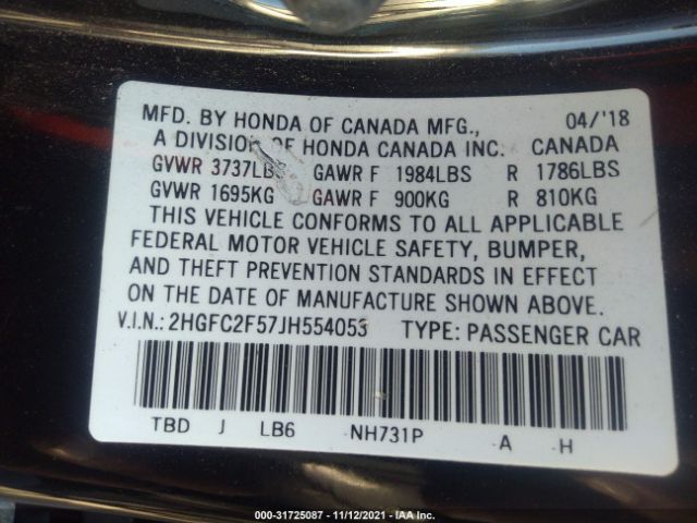 Photo 8 VIN: 2HGFC2F57JH554053 - HONDA CIVIC SEDAN 