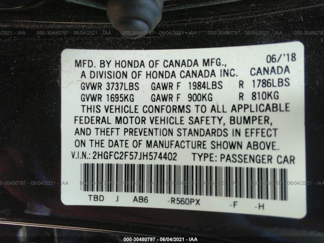 Photo 8 VIN: 2HGFC2F57JH574402 - HONDA CIVIC SEDAN 