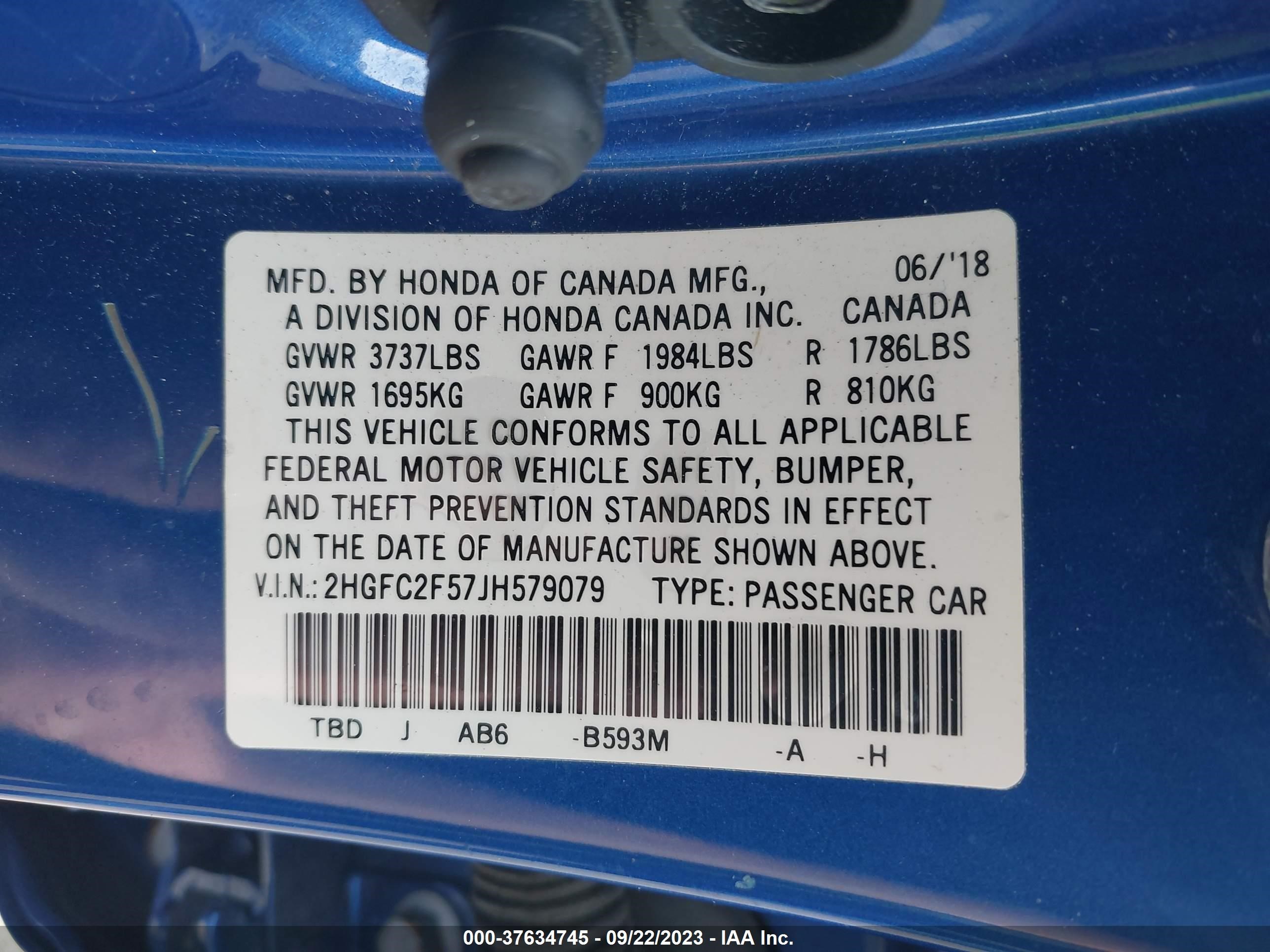 Photo 8 VIN: 2HGFC2F57JH579079 - HONDA CIVIC 