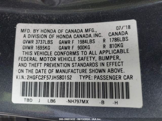 Photo 8 VIN: 2HGFC2F57JH580152 - HONDA CIVIC 