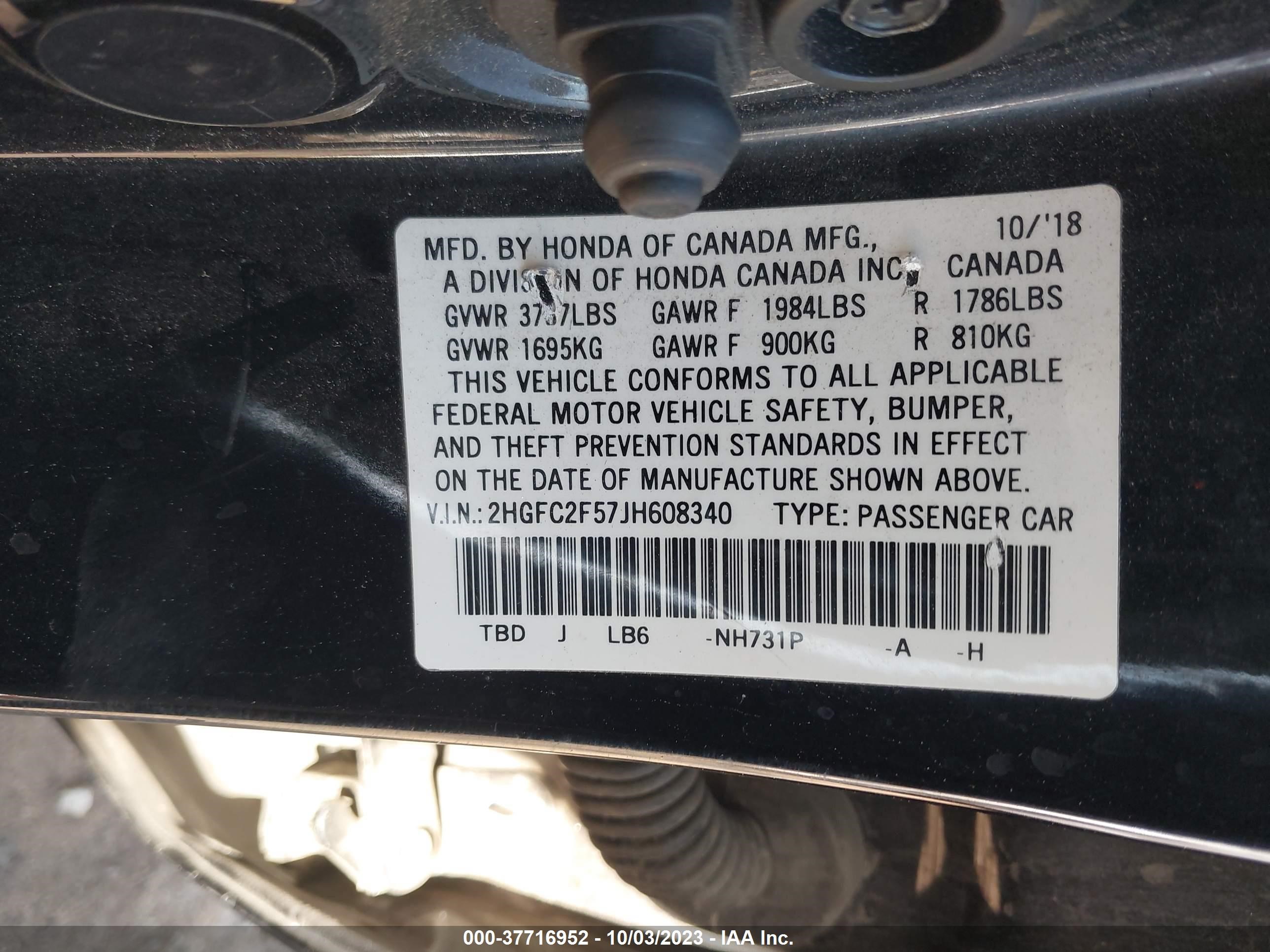 Photo 8 VIN: 2HGFC2F57JH608340 - HONDA CIVIC 