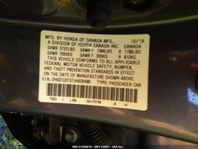 Photo 8 VIN: 2HGFC2F57JH609486 - HONDA CIVIC SEDAN 